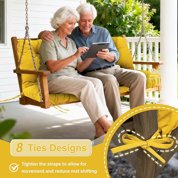Porch Swing Cushions Outdoor 70 inch x 40 Waterproof Swing Cushions 3 Seater Replacement with Backrest & 8 Ties 5" Thick Bench Swing Cushions for Outdoor Furniture Patio(Yellow)