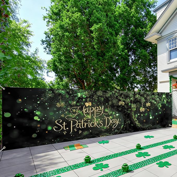 Happy St. Patrick’s Day Fence Banner 118 x 35 Inch, Large Waterproof Outdoor Irish Clover Tree Banner with Gold Script for Yard Porch Fence Party Decorations