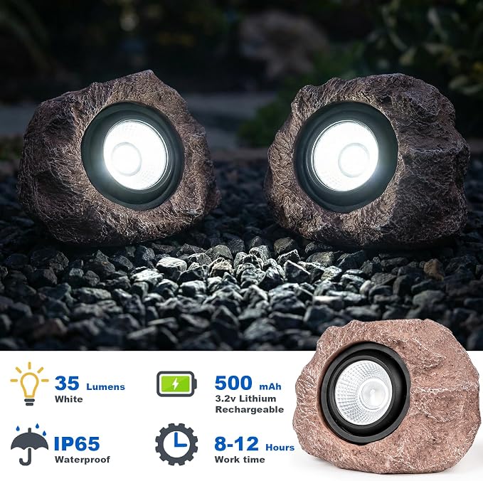 Candieslife Solar Rock Lights Outdoor Garden Waterproof - Super Bright LED Solar Spotlights, Solar Powered Landscape Path Decorative Garden Stone Lights for Pathway, Walkway, Yard, Patio (2 Pack)