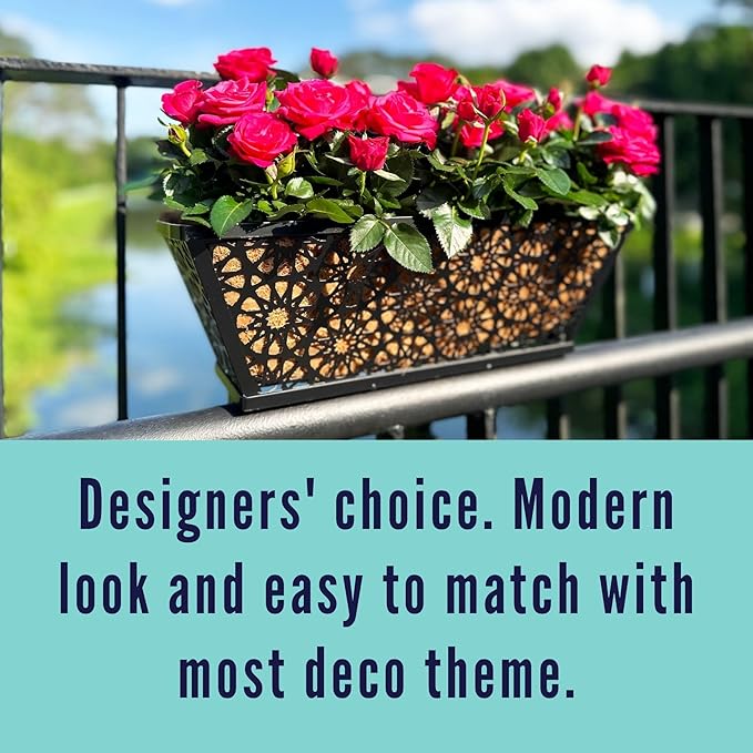 LaLaGreen Window Planter Boxes Outdoor (16 Inch, 2 Pack) Black Metal Wall Hanging Planters for Plants, Deck Railing Flower Box with Coco Liners, Trendy Horse Troughs Balcony Pots Patio Porch Over Rail