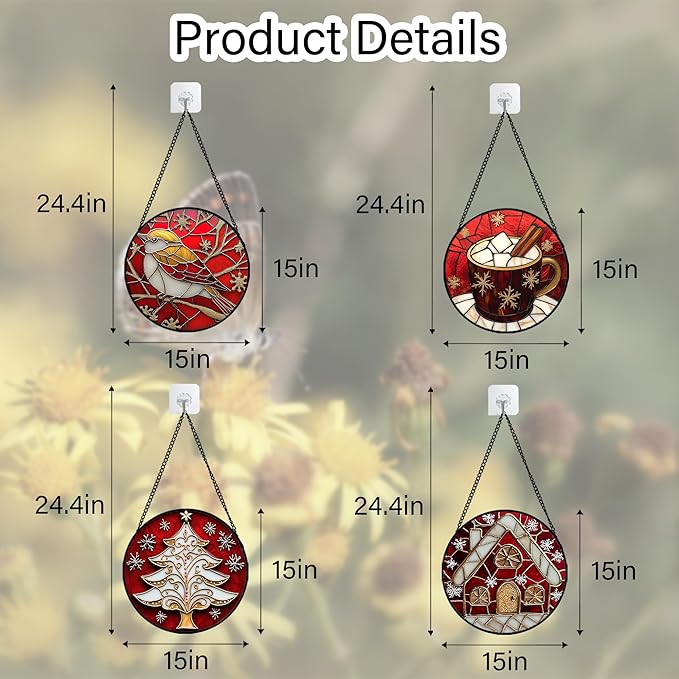 DASTOLL Stained Glass Window Hanging 4 Pcs Set Red Christmas Themed Decorations Large 15" - Suncatcher Door Garden Sun Catcher Decor Birthday New Year for Mom Woman Nana Men