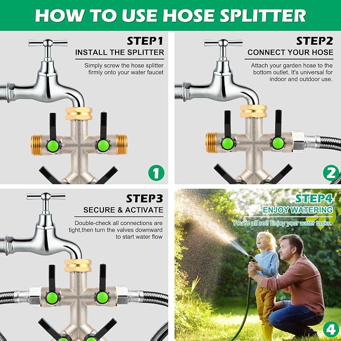 Love Is War 4 Way Hose Splitter, High-Flow Heavy Brass Garden Hose Splitter,4 Way Faucet Hose Splitter, 3/4", Hose Spigot Adapter With 4 Valves