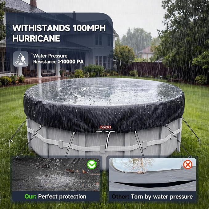 LXKCKJ 24 Ft Pool Cover for Above Ground Pool, Round 420D Solar Oxford Tarp | 100MPH Windproof with 2 Buckles and & Weight Rings, 634N Tear-Resistant, Waterproof 10000PA, UV Protection, Cuts Evaporation