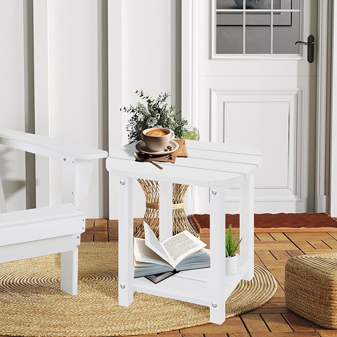 LZRS 2-Tier Patio Side Table, Heavy Duty HDPE Outdoor End Table with Wood Texture, Weatherproof Composite Table for Adirondack Chairs, Deck, Pool, Indoor/Outdoor, No Peeling Cracking(White)