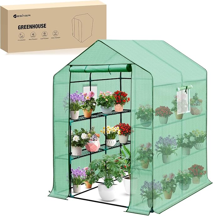 Yesker Greenhouse 57.5"x57"x77" Walk in Green House - Large Outdoor/Indoor Greenhouses with 8 Shelves Waterproof PE Cover & Windows, Portable Greenhouse Kit for Winter Backyard Gardening Patio, Green