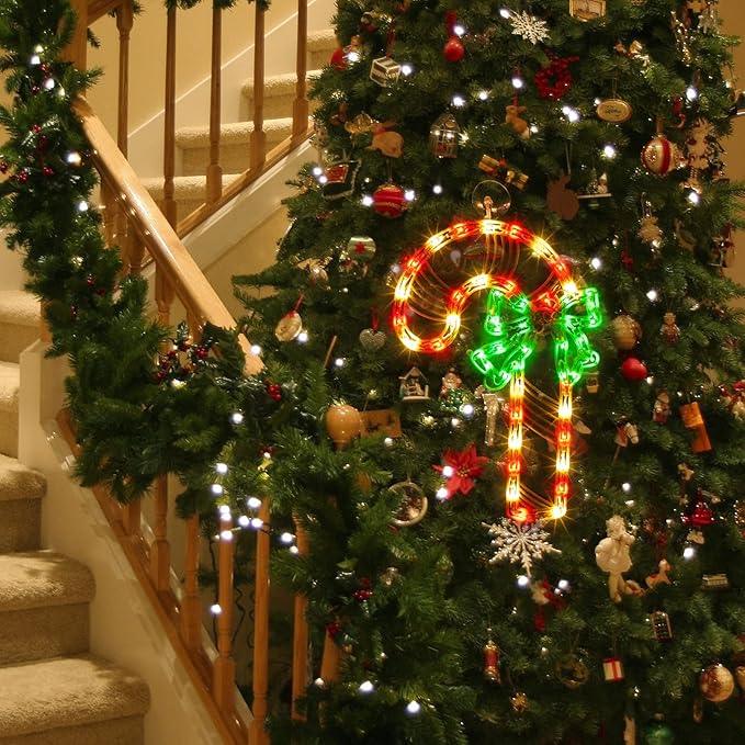 Christmas Window Silhouette Lights, Lighted Candy Cane Double Sided Decorations with 50 Count Incandescent Mini Light, for Holiday Indoor Wall Door Glass Decor
