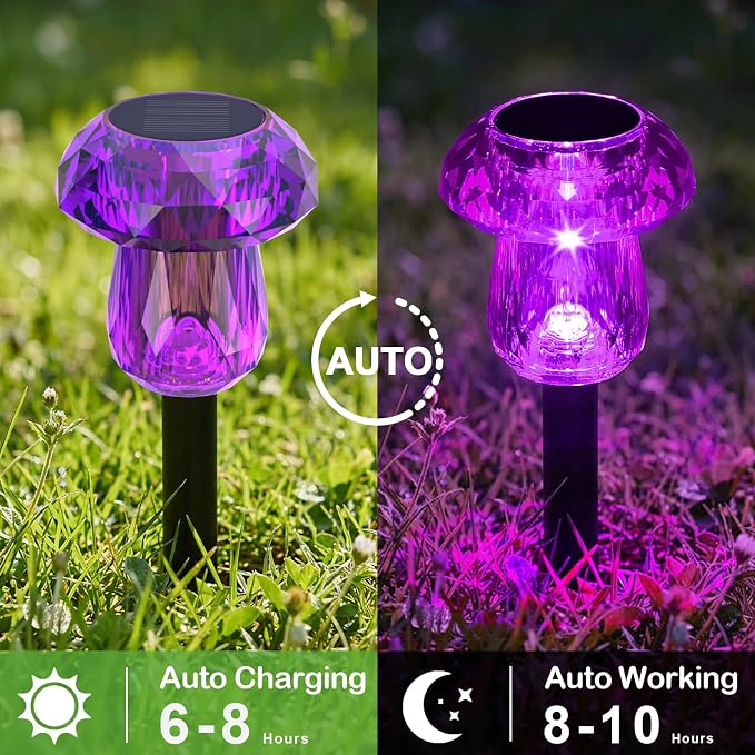 Solar Halloween Lights Outdoor 8 Pack Purple Mushroom Pathway Decor | LED Waterproof Halloween Decorations for Garden Yard Driveway Garden Walkway Path Landscape Lawn Lighting