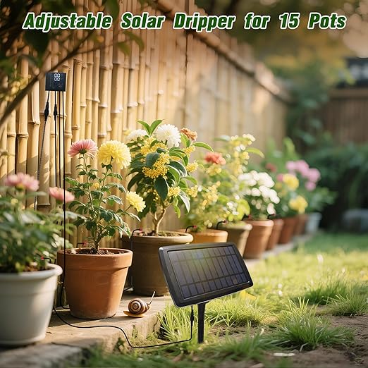 Solar Automatic Drip Irrigation Kit System, 12 Timer Settings Garden Irrigation System, Self Watering Devices for Plants, Raised Beds, Greenhouse, Travel, IP44 Waterproof (15 Pots)