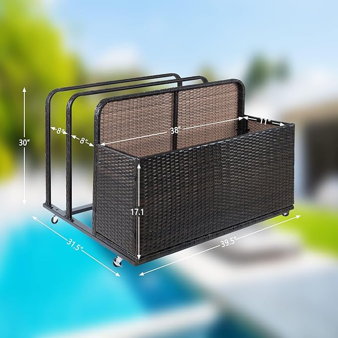 Garvee Double Layer Poolside Float Storage Organizer, Outdoor Wicker Pool Storage Bin for Floats & Toys, Rolling Poolside Storage Rack for Pool Toy Noodles Equipment Accessroies