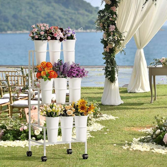 Flower Display Stand with 9 Buckets, 3 Tier Metal Flower Cart Display Stand with Wheels, Flower Bar Stand for Garden Flower Shop Indoor Outdoor Wedding Party Decor, White