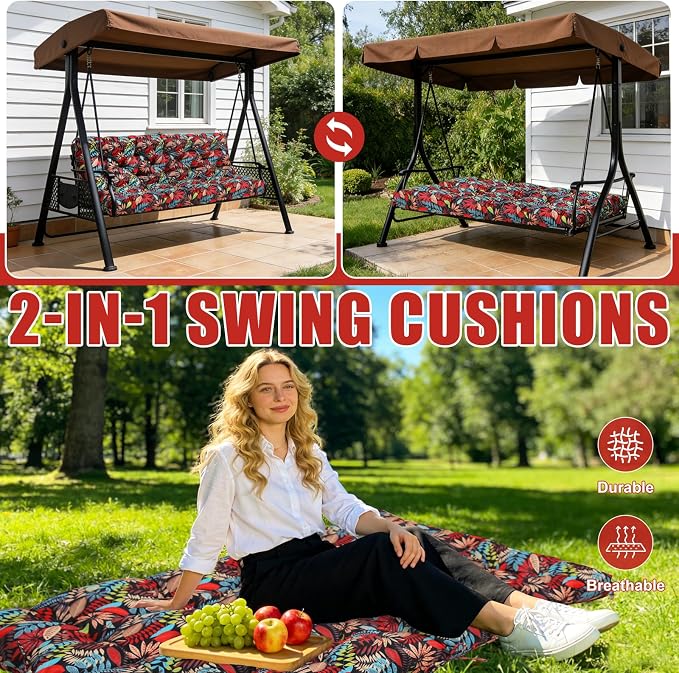 Porch Swing Cushions 60 inch Waterproof & Fade Resistant Thicken 5" Outdoor Swing Cushions 3 Seater Replacement with Backrest & Ties Patio Swing Cushions for Outdoor Furniture (Red Leaves)