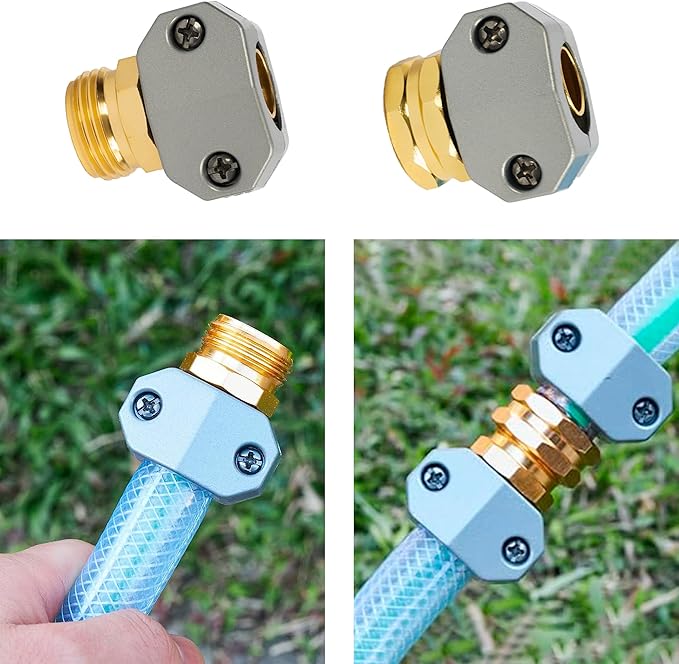 Hourleey Garden Hose Repair Kit, 2 Sets Aluminum Alloy Garden Hose End Mender, Male and Female Water Hose Repair Fittings, Fit 5/8" and 3/4" Connector, with 4 Extra Hose Washers