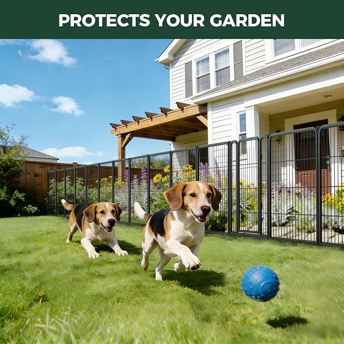 FXW Garden Fence Outdoor for the Yard – 32in(H) x 18.2ft(L) Heavy Duty Metal Animal Barrier for Dog, No Dig Decorative Dog Fence, 8 Panels, Black