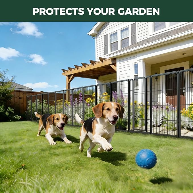 FXW Garden Fence Outdoor for the Yard – 32in(H) x 27.3ft(L) Heavy Duty Metal Animal Barrier for Dog, No Dig Decorative Dog Fence, 12 Panels, Black