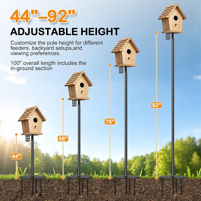 tinnmao Bird Feeder Pole 100 Inch with Squirrel Baffle and 4 Feeder Hooks | Heavy Duty Adjustable Bird House Pole with Top and Side Mount for Smart Feeders, Bluebird Houses, Yard and Garden
