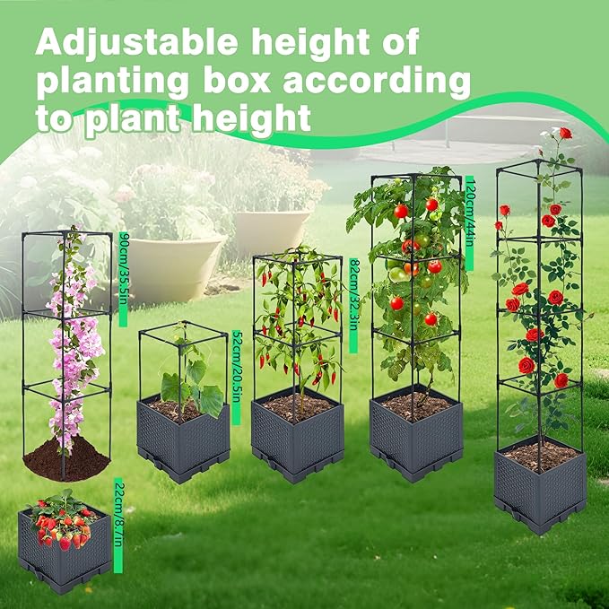 Raised Garden Bed Planter Box, 2 Pack 56" Self-Watering Tomato Planter with Trellis for Climbing Vegetables Plants Grape Fruit Flowers,Use for Indoor Outdoor Garden Patio