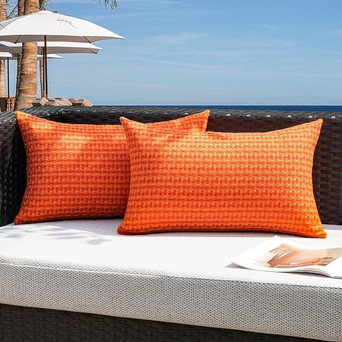 Kevin Textile Fall Outdoor Waterproof Throw Pillow Covers Pack of 2 Boho Farmhouse Decorative Lumbar Cushion Covers for Garden Patio Tent Balcony Bench Couch Sofa 14x24 Inch, Orange