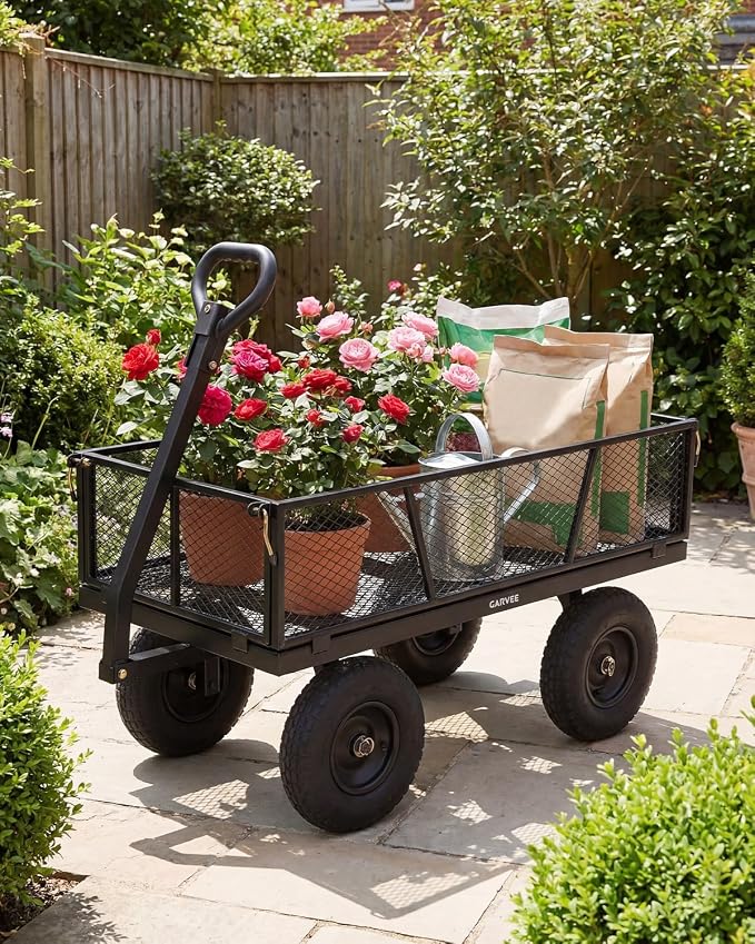 Garvee Versatile Outdoor Utility Cart-1200LBS Heavy-Duty, 13" All-Terrain Pneumatic Tires, Vehicle-Connectable, Easy Maneuverable Lawn Cart with Removable Mesh Panels for Gardening & Landscaping,Black