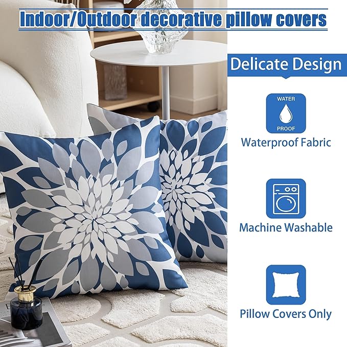 Qahing Pack of 4 Outdoor Waterproof Pillow Covers 16x16 Decorative Outdoor Throw Pillows Garden Square Cases for Patio Furniture, Couch, Tent Sunbrella, Bench, Blue Grey