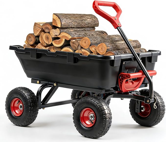 Garden Dump Cart 900Lbs, 2026 Upgraded Heavy Duty Wheelbarrow Dump Wagon with 10" Non-Slip Pneumatic Tires & Quick-Release Dumping, 4-Wheel Steel Frame Utility Carts for Yard,Farm and Garden