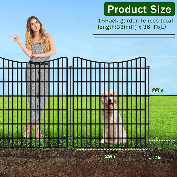 15 Panels Garden Fence Animal Barrier, 33 in(H) X 36 ft(L) Dog Fence Outdoor for Yard with Lock, Tall Metal Fencing with Ground Stakes, Temporary Fencing for Dog, Rabbits, and Patio Border