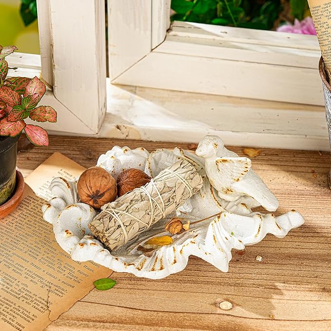 Sungmor Cast Iron Bird Feeder Dish, Rustic White Small Bird Feeding Tray, Decorative Leaf-Shaped Outdoor Bath Bowl Food Container for Garden, Patio or Yard