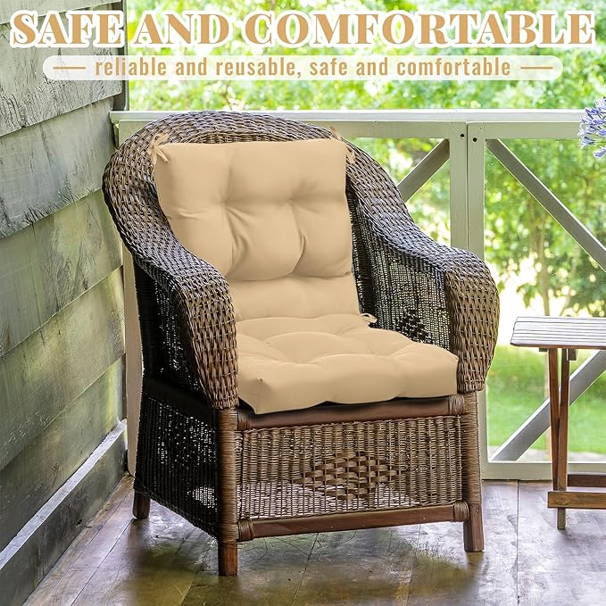 Marsui 4 Pcs Outdoor Indoor High Back Chair Cushions Patio Furniture Tufted Pillow with Ties Water-Resistant Replacement Outdoor Rocking Chair Cushions, 42 x 21 Inches (Beige,Solid Color)