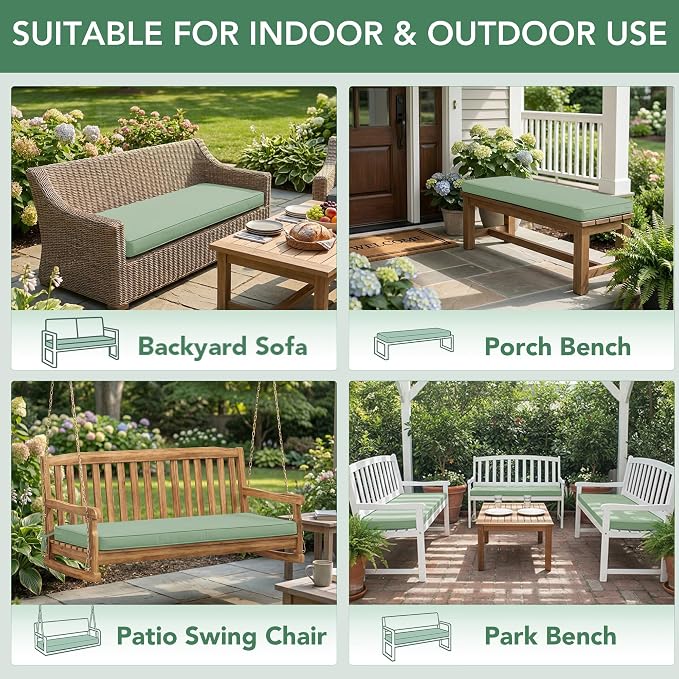 Summsun Outdoor Bench Cushion: Waterproof and Fade Resistant Patio Furniture Cushions - Non-Slip Bench Pad Cushion with Removable Cover for Garden Swing Porch Sofa Settee, 45 x 18 Inch, Sage Green