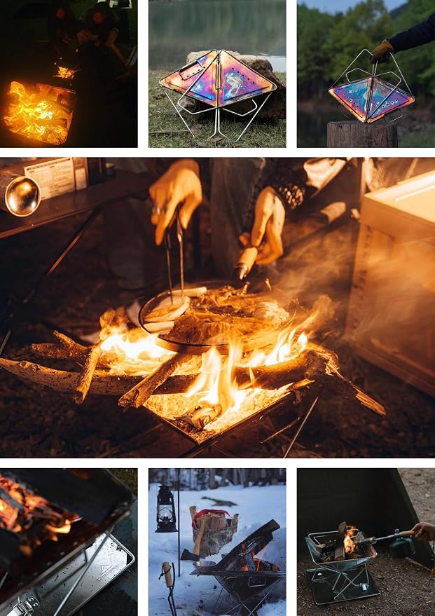 CAMPINGMOON 3 in 1 Portable Fire Pit 12 inch Foldable Stainless Steel Wood Burning Camping Stove BBQ Grill for 3 People Adjustable Height Outdoor Cooking Campfire Carry Bag included MT-035