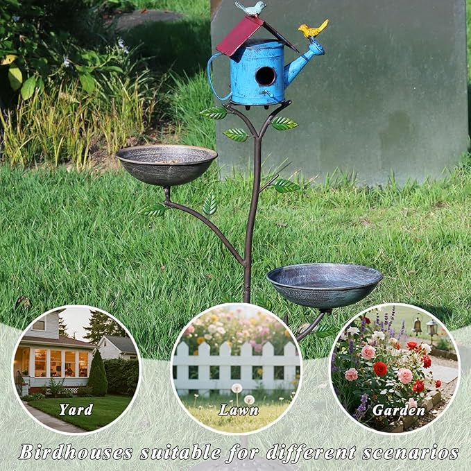 39" H Metal Birdhouse Outdoor, Birdhouse Pole – Integrates Bird Feeder and Bird Bath, 3-in-1 Multi-Functional for Yard Decorations Outdoor, Cast Iron Base