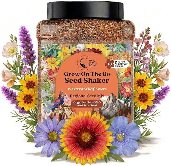 GevaGrow - Western Wildflower Seeds Regional Mix - Organic, Non-GMO - 100% Pure Seed - 18 Different Wildflowers Seeds of Annual and Perennial, 1LB Tub