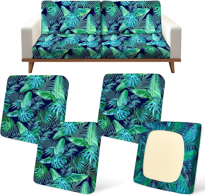 pickyNproud 4Pcs Patio Cushion Covers Stretch Outdoor Couch Cushions Slipcovers Replacement Washable Furniture Protector with Elastic Bottom Sofa Chair Seat Cover, Palm Leaves