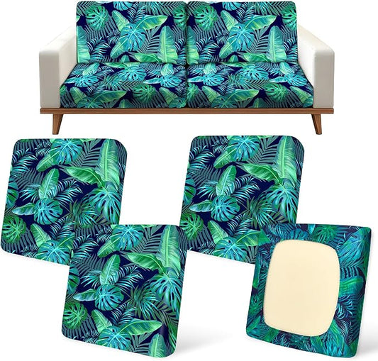 pickyNproud 4Pcs Patio Cushion Covers Stretch Outdoor Couch Cushions Slipcovers Replacement Washable Furniture Protector with Elastic Bottom Sofa Chair Seat Cover, Palm Leaves