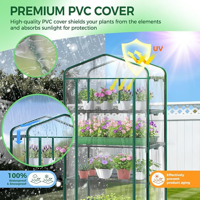 Ohuhu Mini Greenhouse for Indoor Outdoor with Wheel, Small Plastic Plant Green House 4-Tier Rack Stand Portable Greenhouses with Durable PVC Cover for Seedling