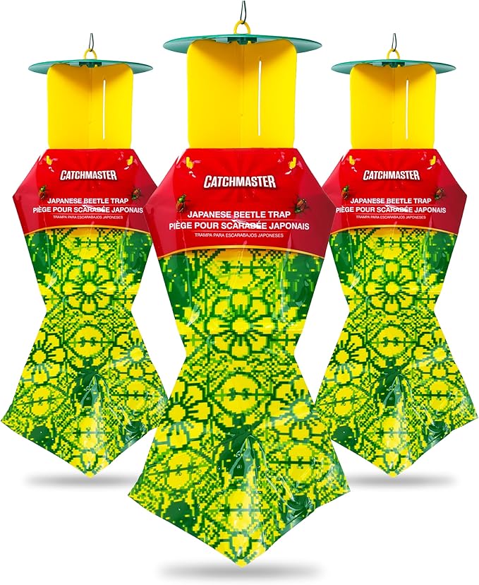 Catchmaster Japanese Beetle Traps Outdoor 3PK, Flying Insect Trap Bag with Lid & Dual Pheromone Food Lure, Hanging Bug Catcher Pest Control for Backyard & Garden, Plants, Trees, Vegetables & Flowers