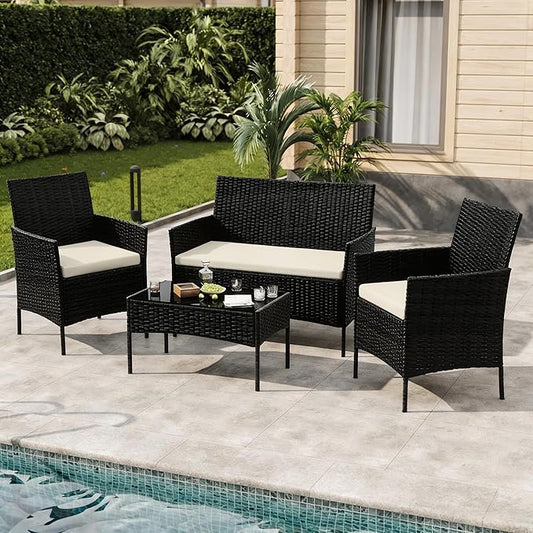 4-Piece Outdoor Furniture Set, PE Rattan Wicker Chairs with Soft Cushions & Tempered Glass Coffee Table - All-Weather Patio Set for Garden, Backyard, Porch, Poolside (Black/Beige)
