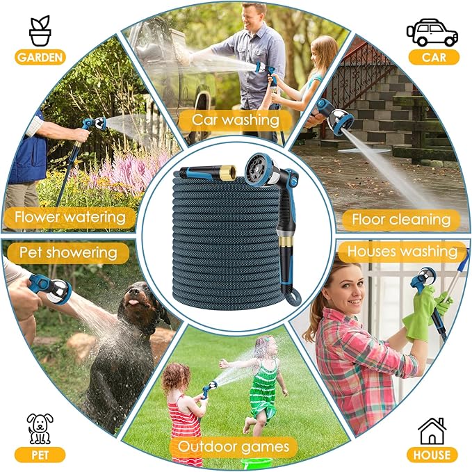 Non-Expandable Garden Hose 75 FT, Lightweight Hose with 10 Function Spray Nozzle, Kink-Free Flexible Water Hose, Durable, Leak-Proof, 360° Swivel Connectors, Portable Storage Strap