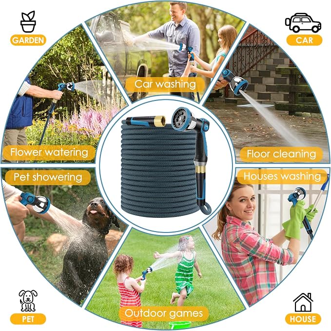 Non-Expandable Garden Hose 75 FT, Lightweight Hose with 10 Function Spray Nozzle, Kink-Free Flexible Water Hose, Durable, Leak-Proof, 360° Swivel Connectors, Portable Storage Strap