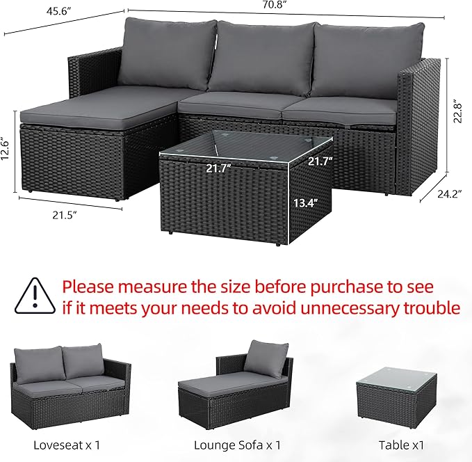 Shintenchi 4 Pieces Patio Furniture Sets, Outdoor Sofa Patio Sectional Sets All Weather, Wicker Rattan Seating Sofa Couch withwith Cushions & Coffee Table for Yard, Garden, Porch, Poolside (Gray)