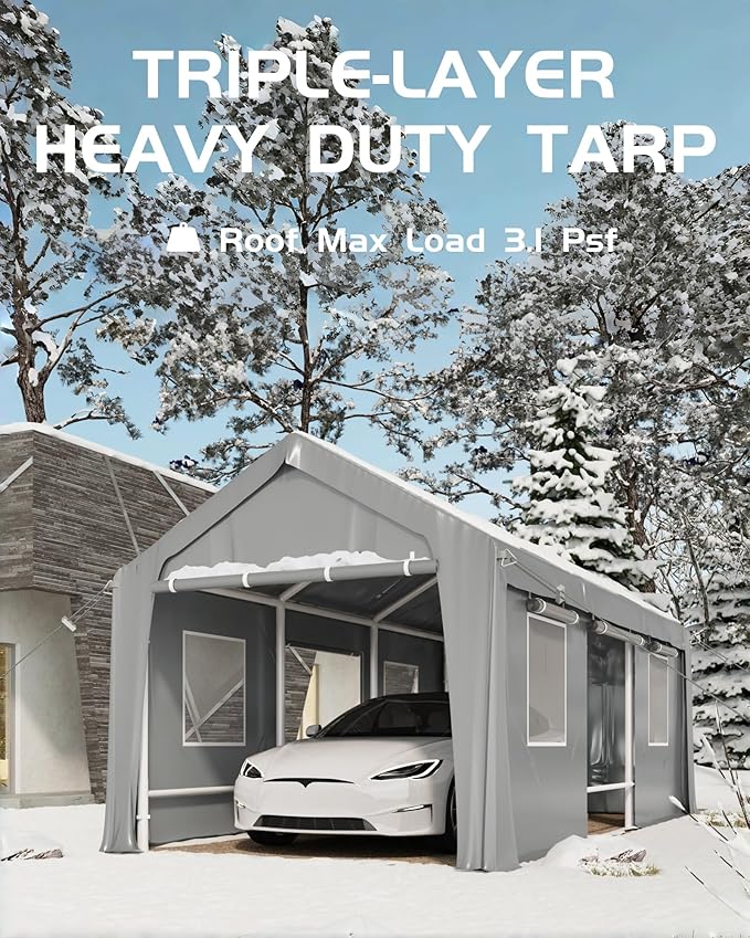20 ft x 13 ft x 11 ft Carport Top Replacement Cover - Heavy-Duty Grey Tarp, Windproof Waterproof & UV Protected (Top Cover ONLY, Frame Not Included)