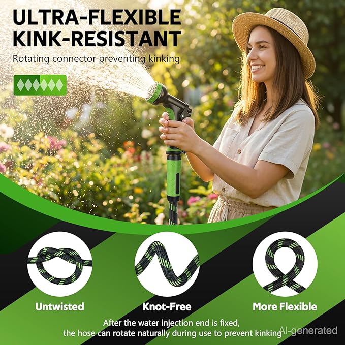 NON-EXPANDABLE Garden Hose 100 FT, Heavy Duty Steel Metal Flexible Water Hose with 10-Function Spray Nozzle, Durable Fabric Skin, No Kinks & Leak-Proof with Upgraded Handle