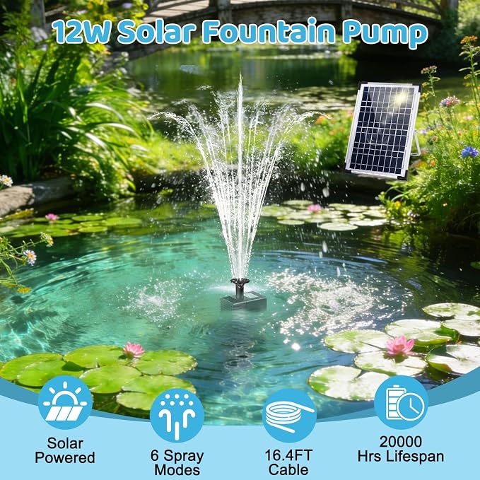 DDcafor Solar Water Fountain Pump 12W Solar Water Pump for Fountain Solar Powered Bird Bath Water Fountain with 6 Nozzles Solar Fountain for Small Pond,Fish Tank,Outdoor Garden Water Feature