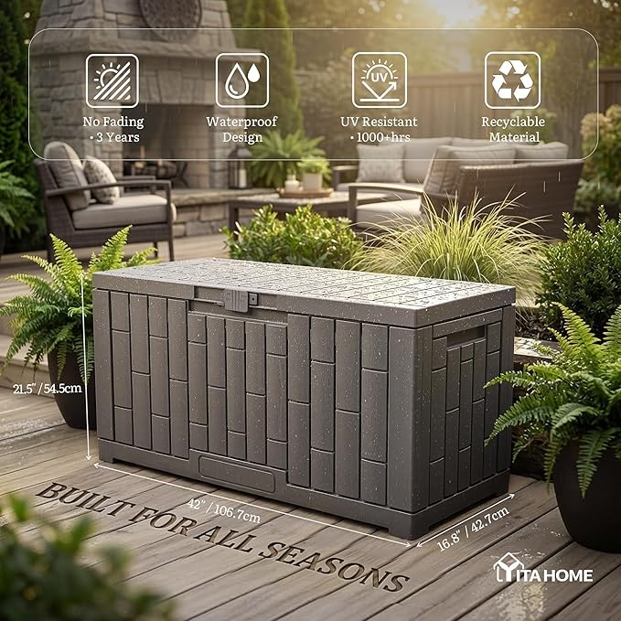 YITAHOME 60 Gallon Resin Deck Box, Weather Resistant Outdoor Rattan Storage Box with Slide-Locking Lid, Lockable Indoor Outdoor Storage for Supplies and Essentials, Taupe