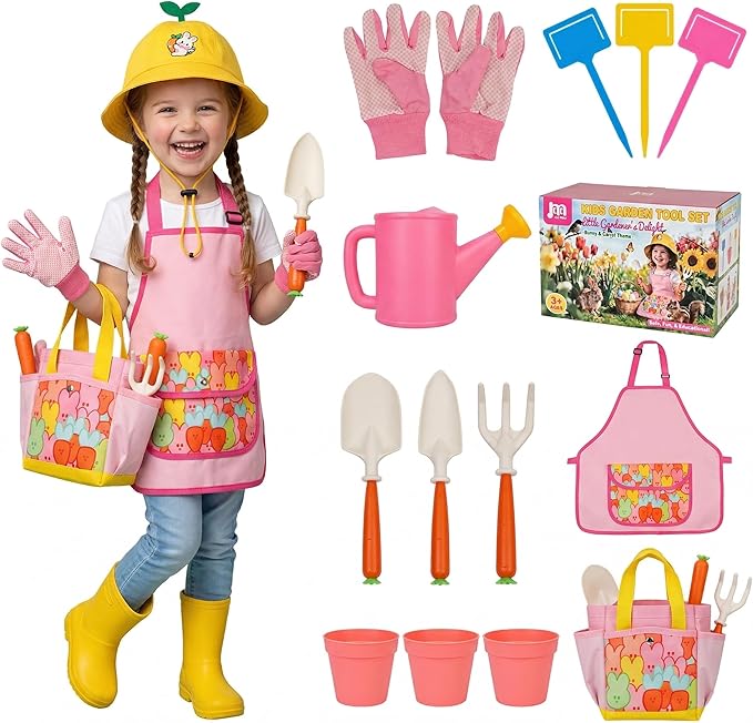 Kids Gardening Outdoor Tools Set with Adorable Sun Protective Hat & Bunny Apron, Carrot-Shaped Shovel Rake Trowel, Garden Kit for Toddlers Ages 3-8, Spring Birthday Gift