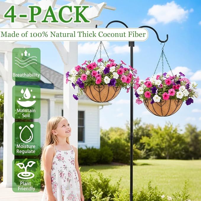 Hanging Planters for Outdoor Plants 4 Pack 12 inch Metal Hanging Flower Basket with Coco Coir Liner Wire Plant Holder Watering Flower Baskets Pot Hanger Garden Decoration for Indoor Outdoor(AXL)