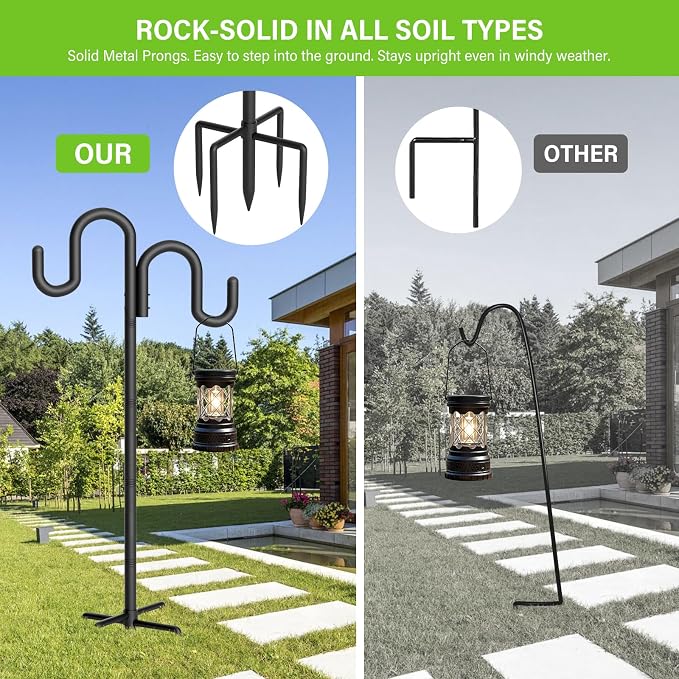 Double Shepherd Hook for Outdoor, 60" Heavy Duty Bird Feeder Pole with 5-Prong Base, Adjustable Thickened Shepherd Hook for Bird Feeder, Flower Baskets, Solar Lights, Lanterns, Black, 2 Pack