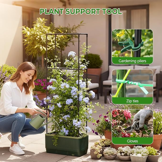 2Pack Raised Garden Bed Tomato Planter with Trellis, Self Watering Tomato Planter with Water Level Indicator, Larger Rectangular Tomato Cages for Indoor & Outdoor Climbing Vegetable and Plants (2)