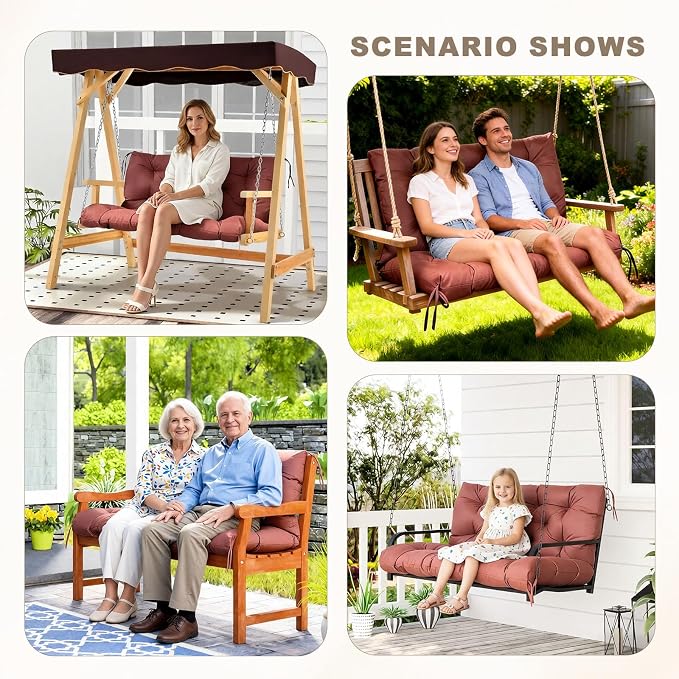 Porch Swing Cushion with Backrest,Waterproof Bench Cushion for Outdoor Furniture,2-3 Seater Replacement Thickened Swing Cushion with Ties,Patio,Outdoor,Backyard and Garden (Coffee,47x40)