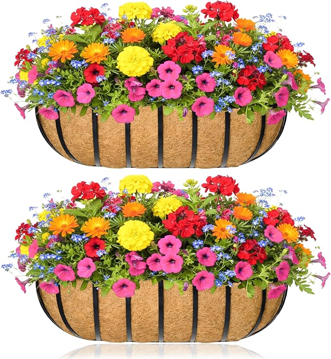 Window Box Railing Planter with Coco Liner 2 Pack 16 Inch Metal Hanging Flower Planter Deck Railing Planters Boxes for Balcony Outdoor Plants Fence Porch Patio