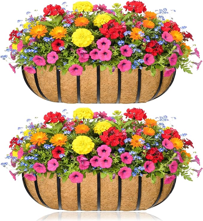 Window Box Railing Planter with Coco Liner 2 Pack 30 Inch Metal Hanging Flower Planter Deck Railing Planters Boxes for Balcony Outdoor Plants Fence Porch Patio